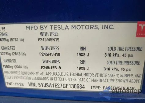 2016 Tesla Model S 60D/70D/75D/85D/90D from USA, damaged, VIN 5YJSA1E27GF130584